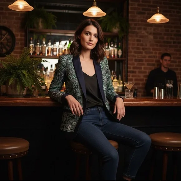 MICHAEL Michael Kors Green Paisley Blazer with Navy Trim - Picture 10 of 10